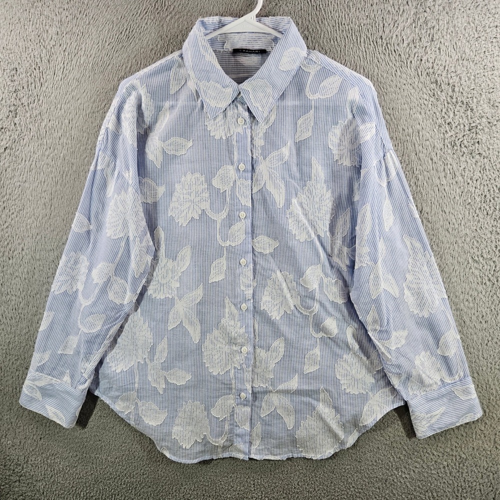 T Tahari Womens Blue White Pinstripe Floral Fil Coupe Cotton Button Down Shirt M